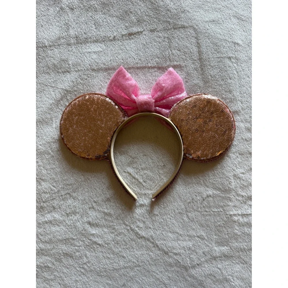 Pink Sequin Mouse Ears Headband Rose Gold Ears Bow Pearl Rhinestone - A1724